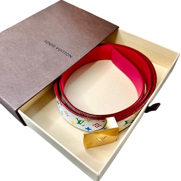 Authentic Louis Vuitton White Multicolor Murakami & Pink Leather & Gold Belt - Picture 10 of 15